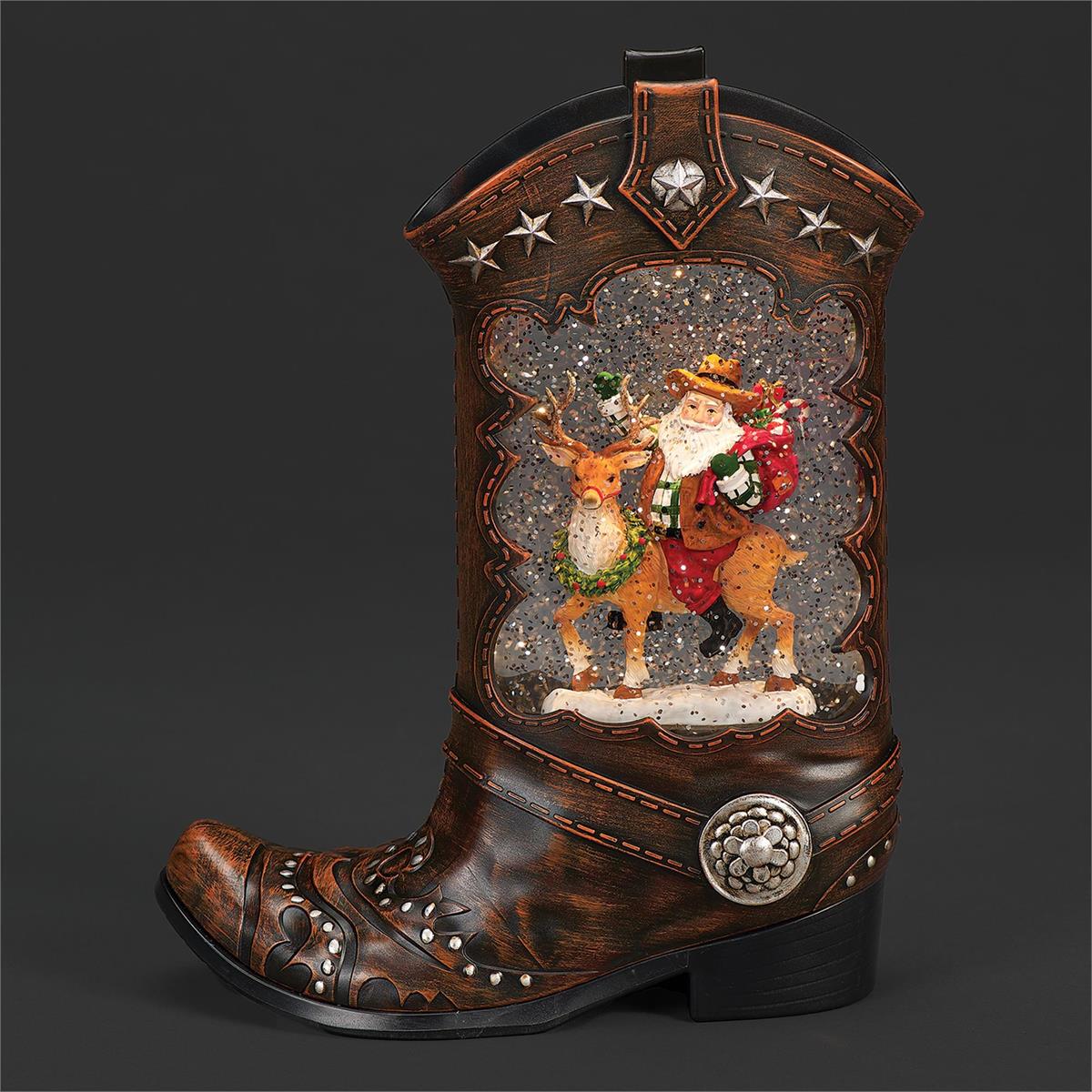 10"H LIGHTED SWIRL BOOT, SANTA RIDING DEER
