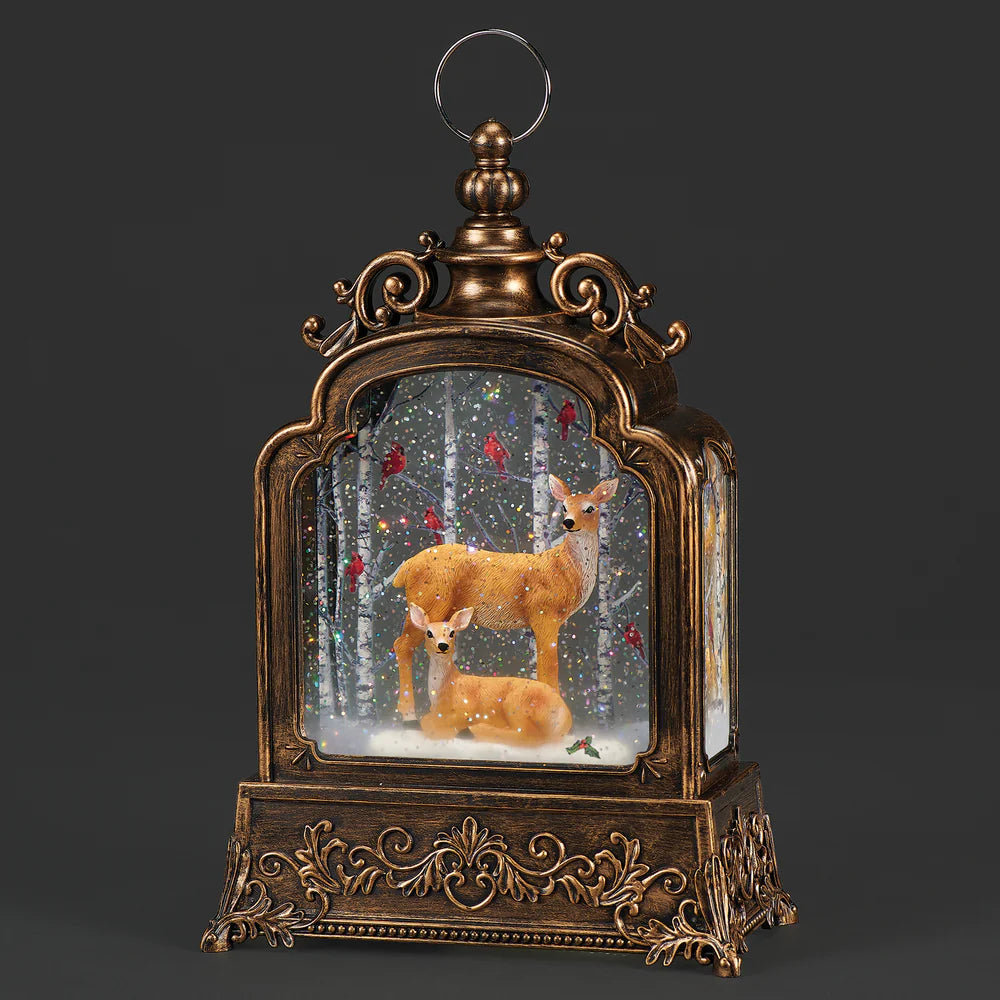Confetti Lites Lighted Swirl Antique Lantern with Deer Family & Cardinals in Birch Trees