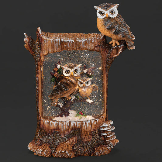 Lighted Swirl Tree Stump with Owls Scene 10"H Confetti Lites