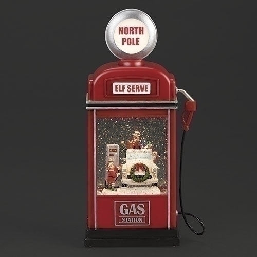 LIGHTED SWIRL GAS PUMP SANTA AND ELVES 11.5"H