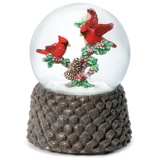 5.75" Glitterdome Musical Cardinals on Branch w/ Pinecone Base- "We Wish You a Merry Christmas" Tune