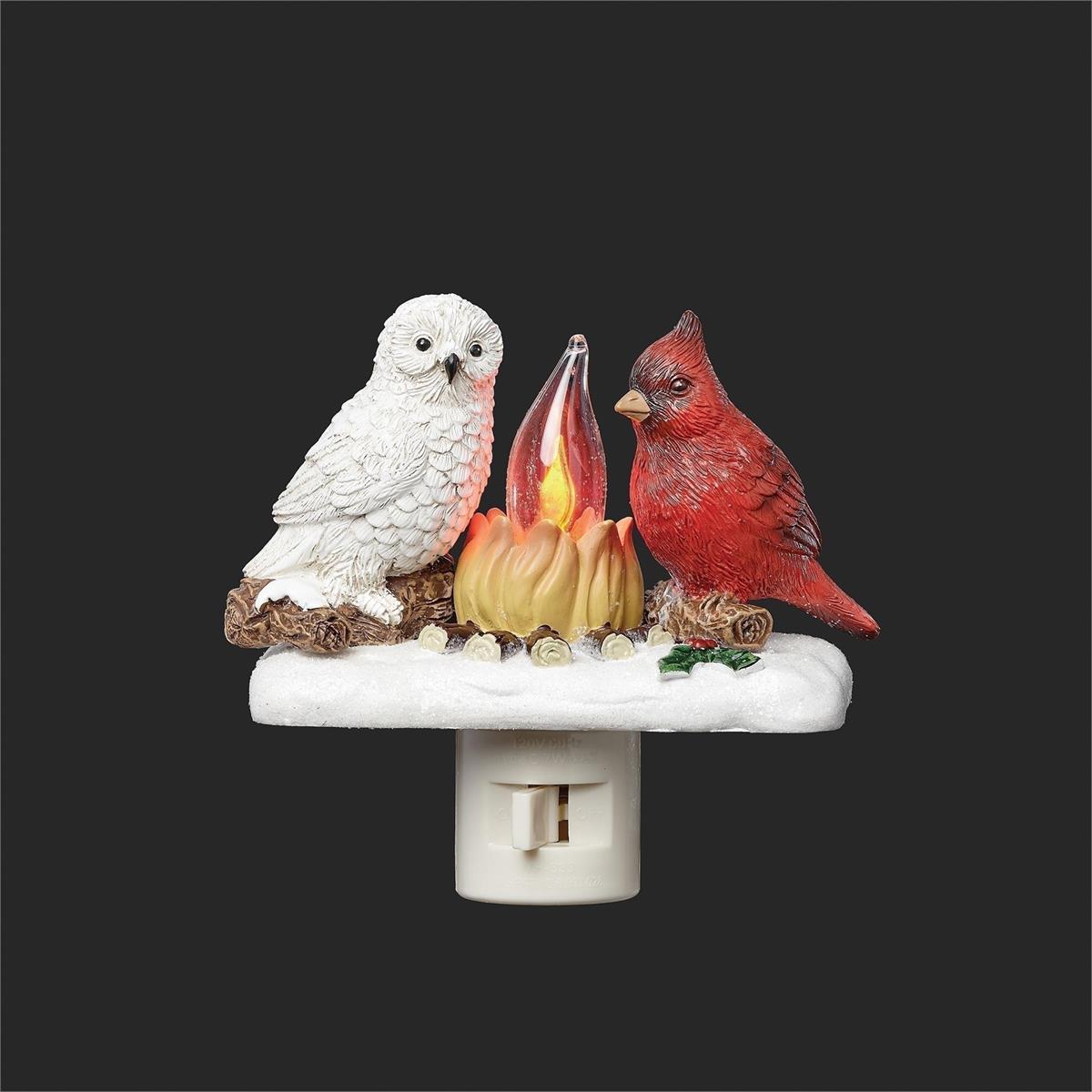 4"H LIGHTED CARDINAL AND OWL CAMPFIRE NIGHTLIGHT