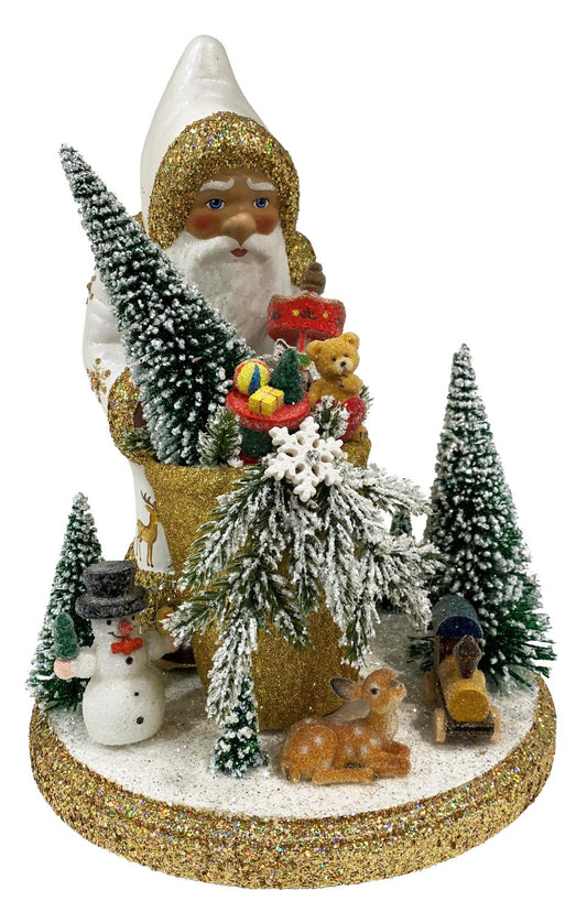 Pearled Santa with Reindeer on Base - Schaller Paper Mache Candy Container