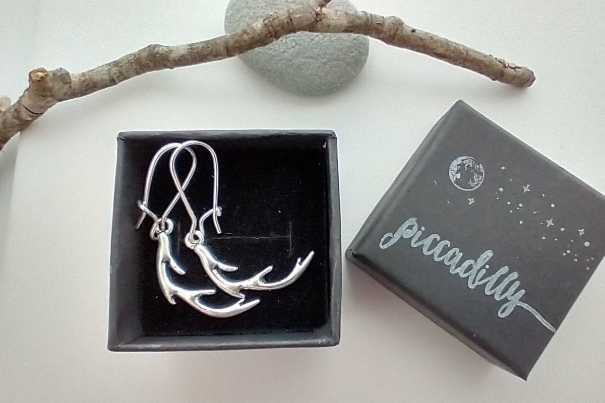 Silver Antler Dangle Earrings