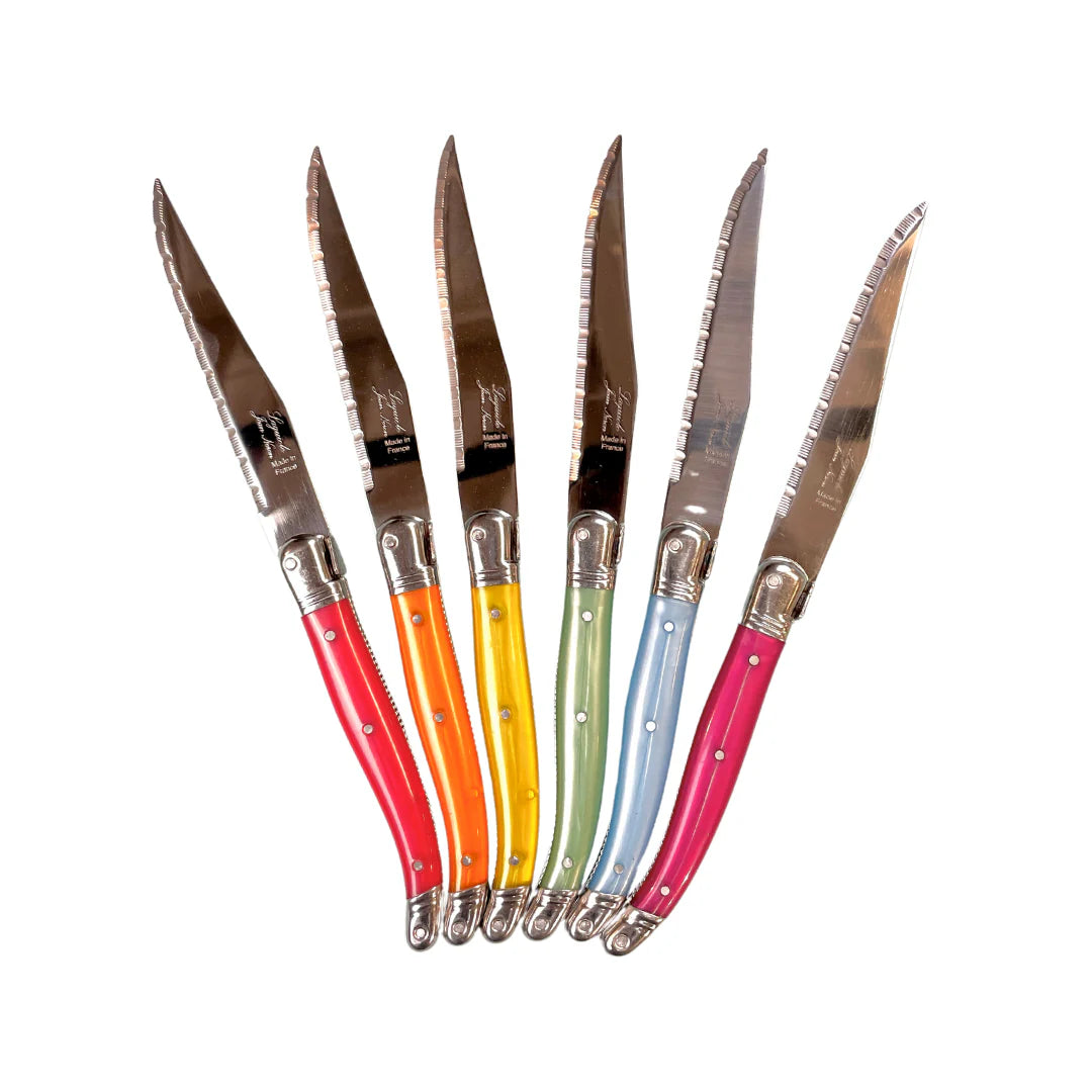 Laguiole 6 Piece Steak Knife Set Rainbow in Wood Presenation Box