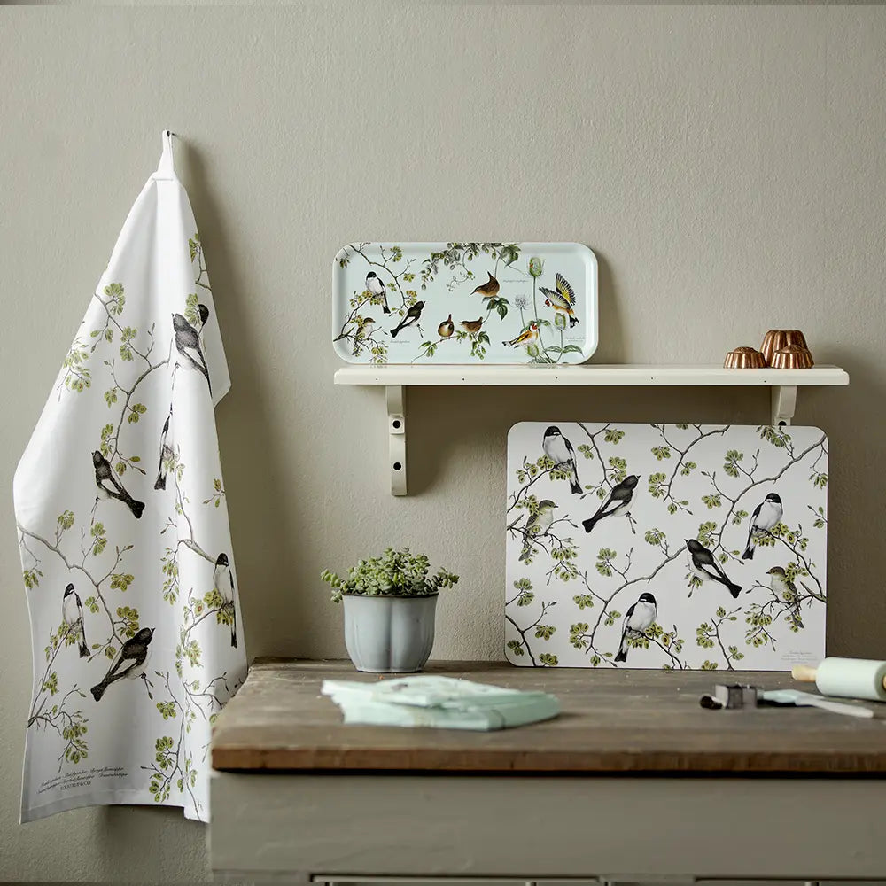 Garden Birds- Pied Flycatcher Tea Towel 100% Organic Cotton