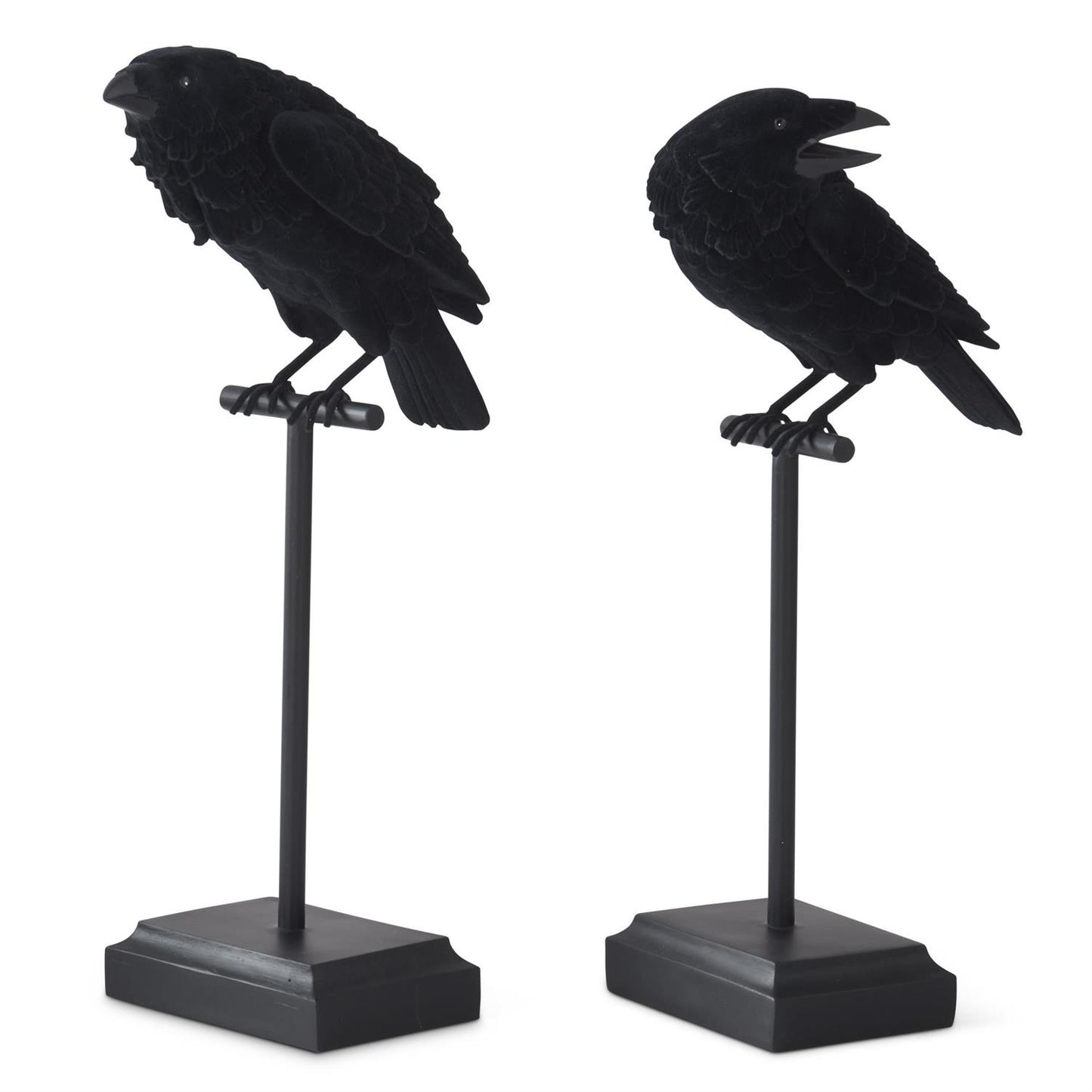 Set of 2 Black Velvet Resin Crows on Metal Perch