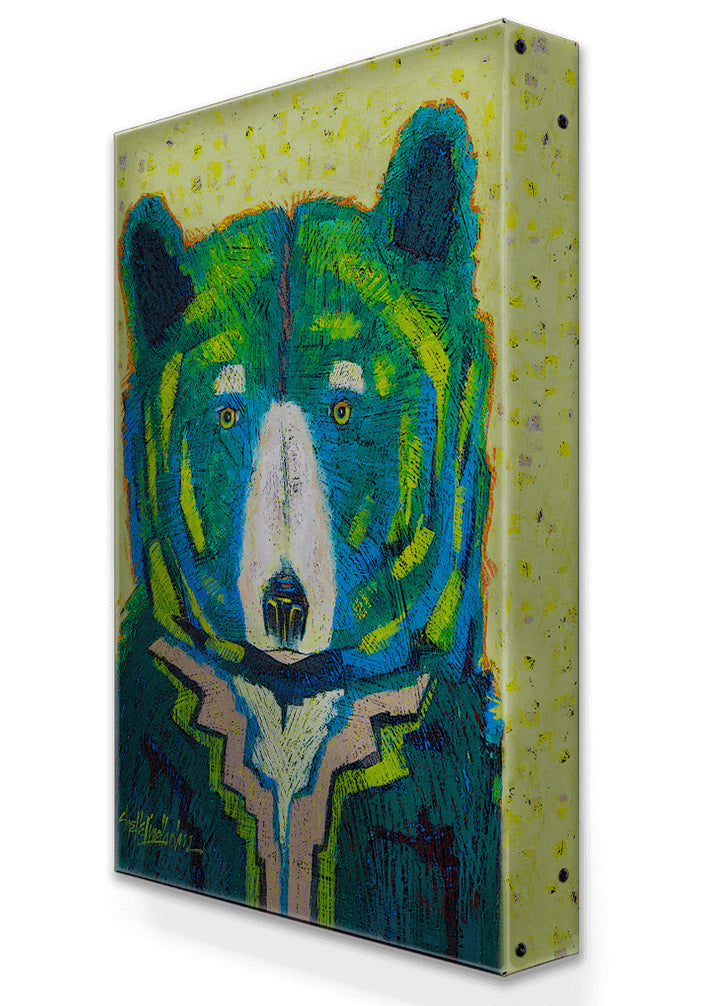 18X26 Olympia - Green/Turquoise Bear, White Chest, Celery Background Metal Box Art