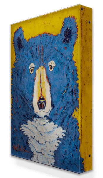 18X26 Curly Blue Bear, White Chest W/ Yellow Background, Metal Box Art