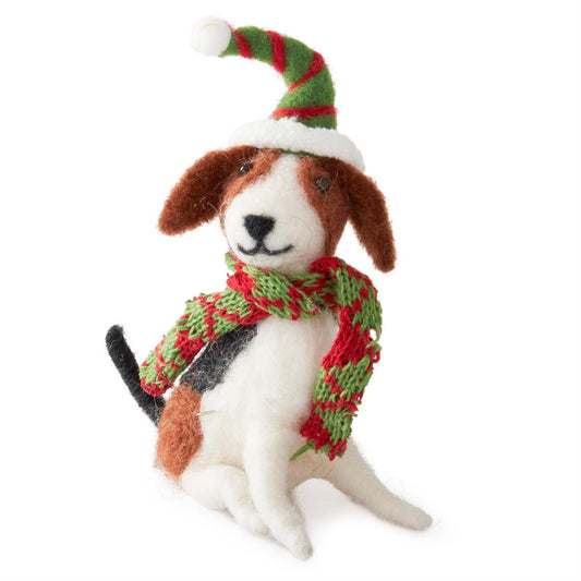 6" Wool Dog w/Striped Elf Hat Ornament