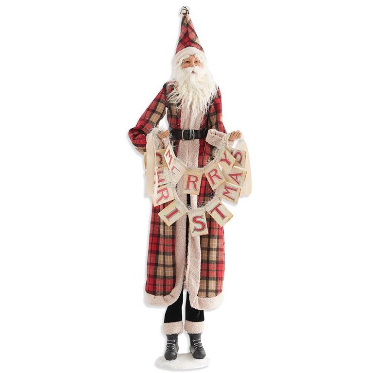 38" Santa in Plaid Jacket Holding Merry Christmas Garland