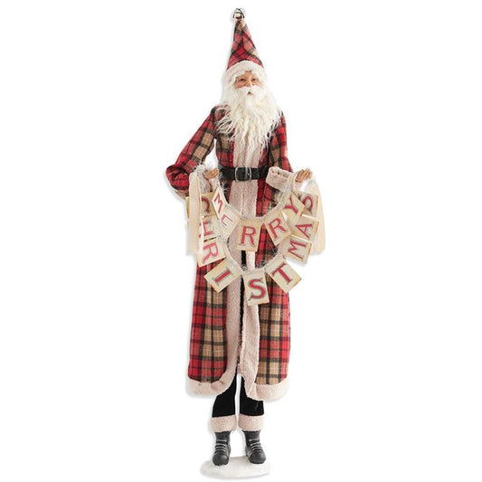 38" Santa in Plaid Jacket Holding Merry Christmas Garland