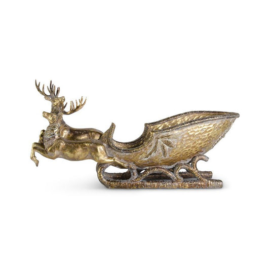 25" 2 Resin Deer Pulling Sleigh w/Antiqued Gold Finish