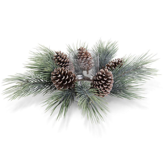 20 Inch Seafoam Long Needle Pine Candle Ring w/Hurricane