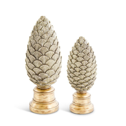 Set of 2 Scalloped Gold Glittered Resin Pinecones on Pedestal