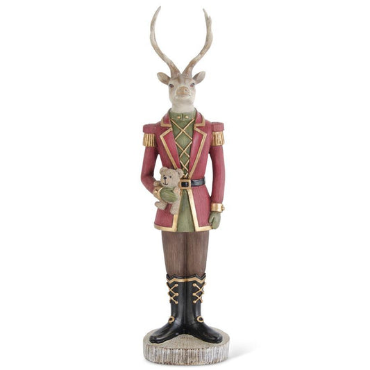 15" Resin Deer Soldier Holding Teddy Bear