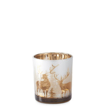 Load image into Gallery viewer, 3&quot; Frosted Glass w/Rose Gold Interior Deer Winter Scene Votive
