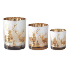 Load image into Gallery viewer, 3&quot; Frosted Glass w/Rose Gold Interior Deer Winter Scene Votive
