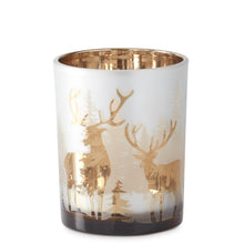 Load image into Gallery viewer, 5&quot; Frosted Glass w/Rose Gold Interior Deer Winter Scene Votive
