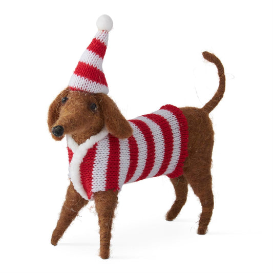 6.5" Wool Dog w/Striped Hat & Sweater Ornament