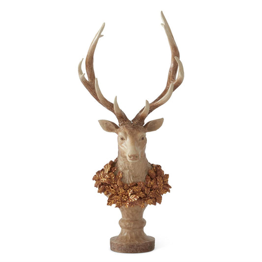 30.5" Resin Faux Woodgrain Deer Bust on Pedestal w/Gold Wreath