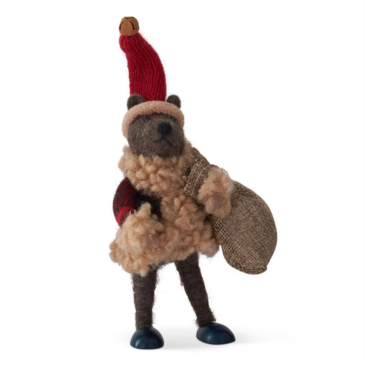 7" Wool Bear w/Hat & Bag Ornament