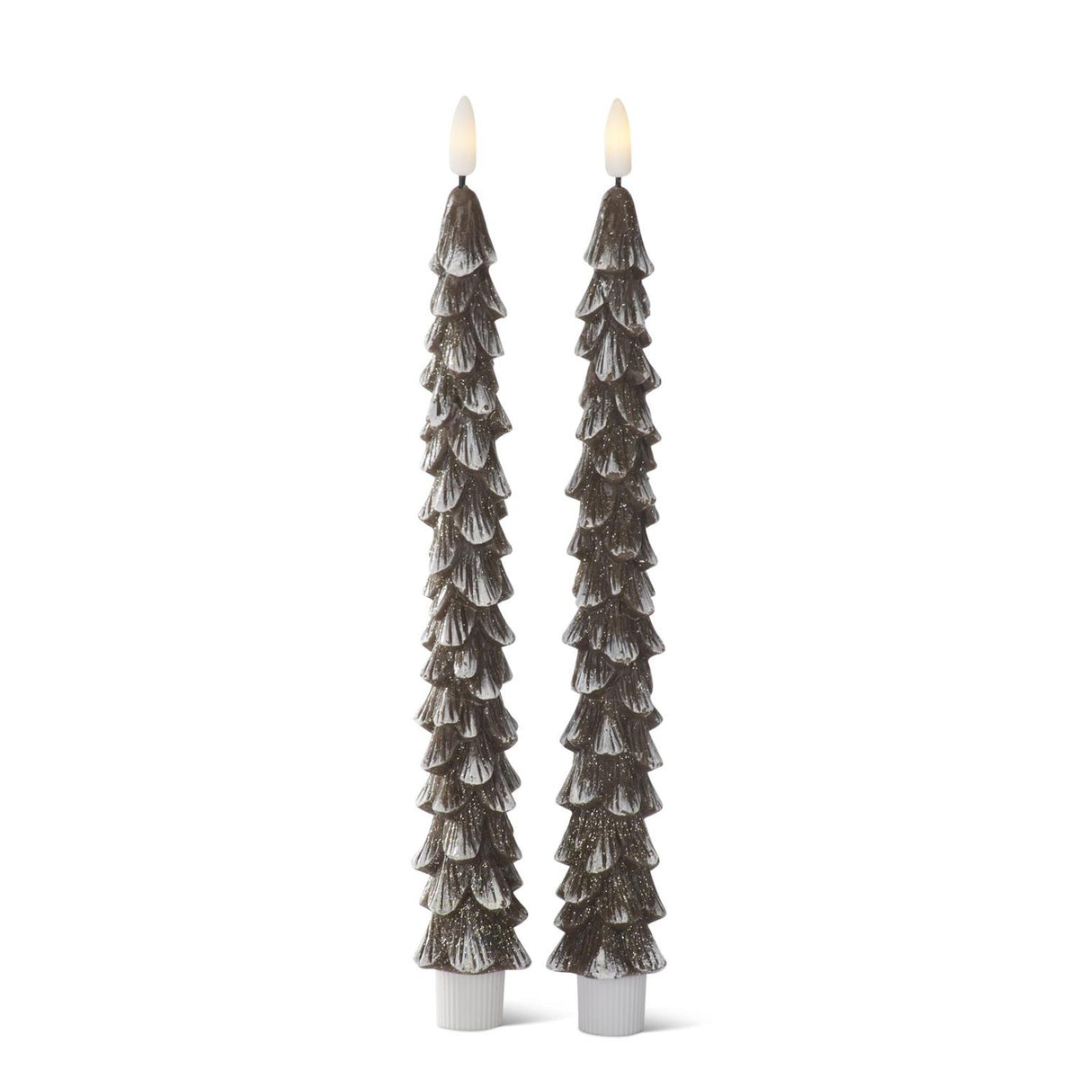 S/2 Snow Painted Brown Wax LED Christmas Tree Taper Candles w/Timers
