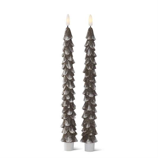 S/2 Snow Painted Brown Wax LED Christmas Tree Taper Candles w/Timers