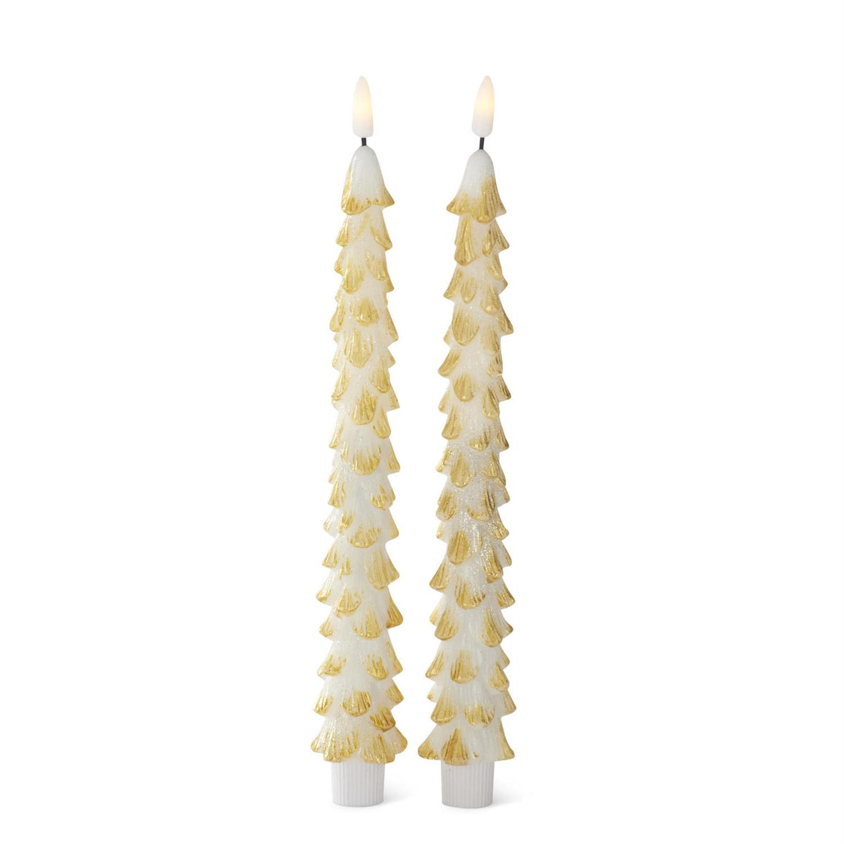 S/2 Gold Wax LED Christmas Tree Taper Candles w- Timers
