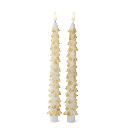 S/2 Gold Wax LED Christmas Tree Taper Candles w- Timers