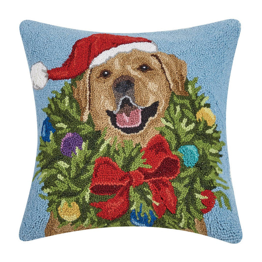 18" x 18" Santa Golden Lab & Wreath Pillow