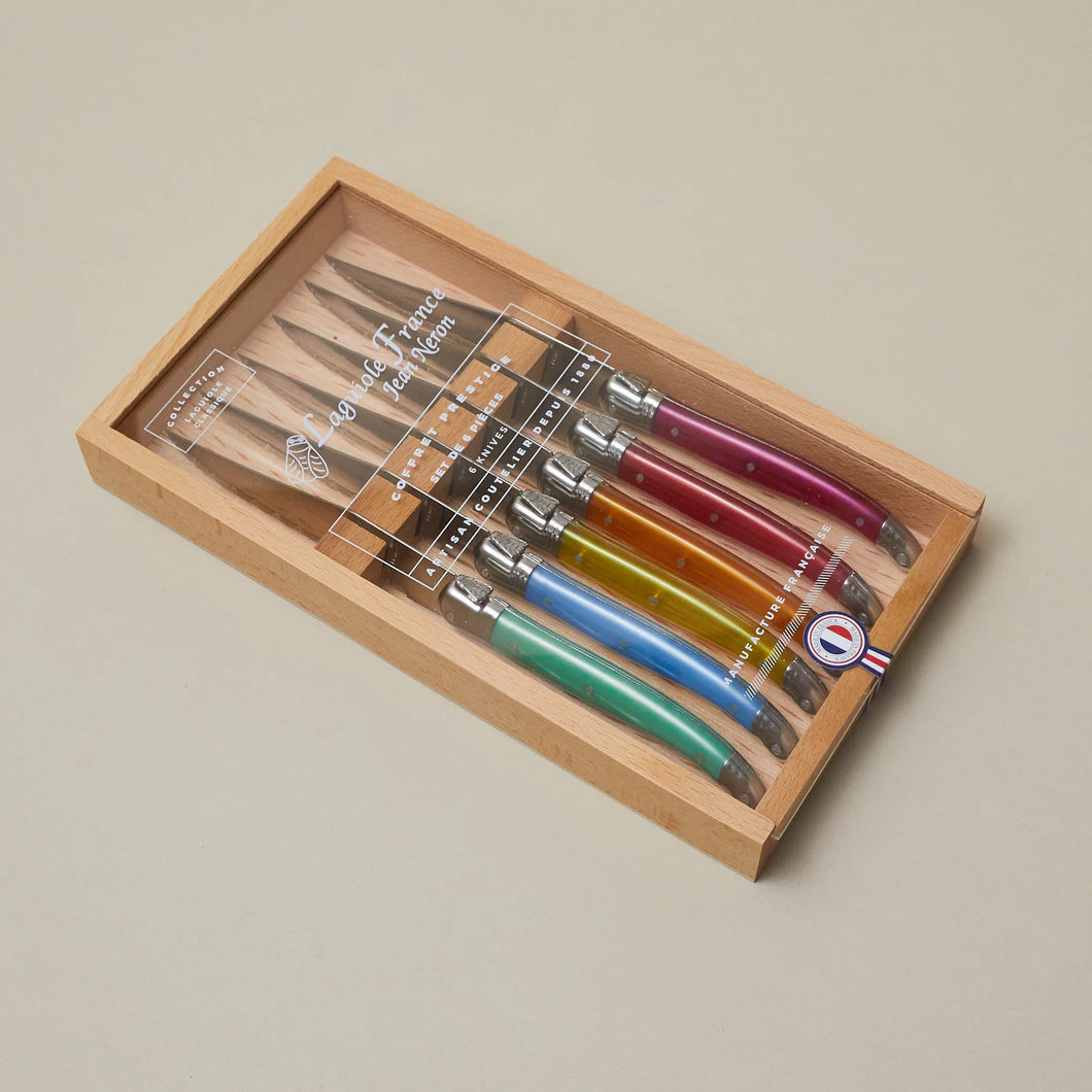 Laguiole 6 Piece Steak Knife Set, Rainbow in Wood Box with Acrylic Lid