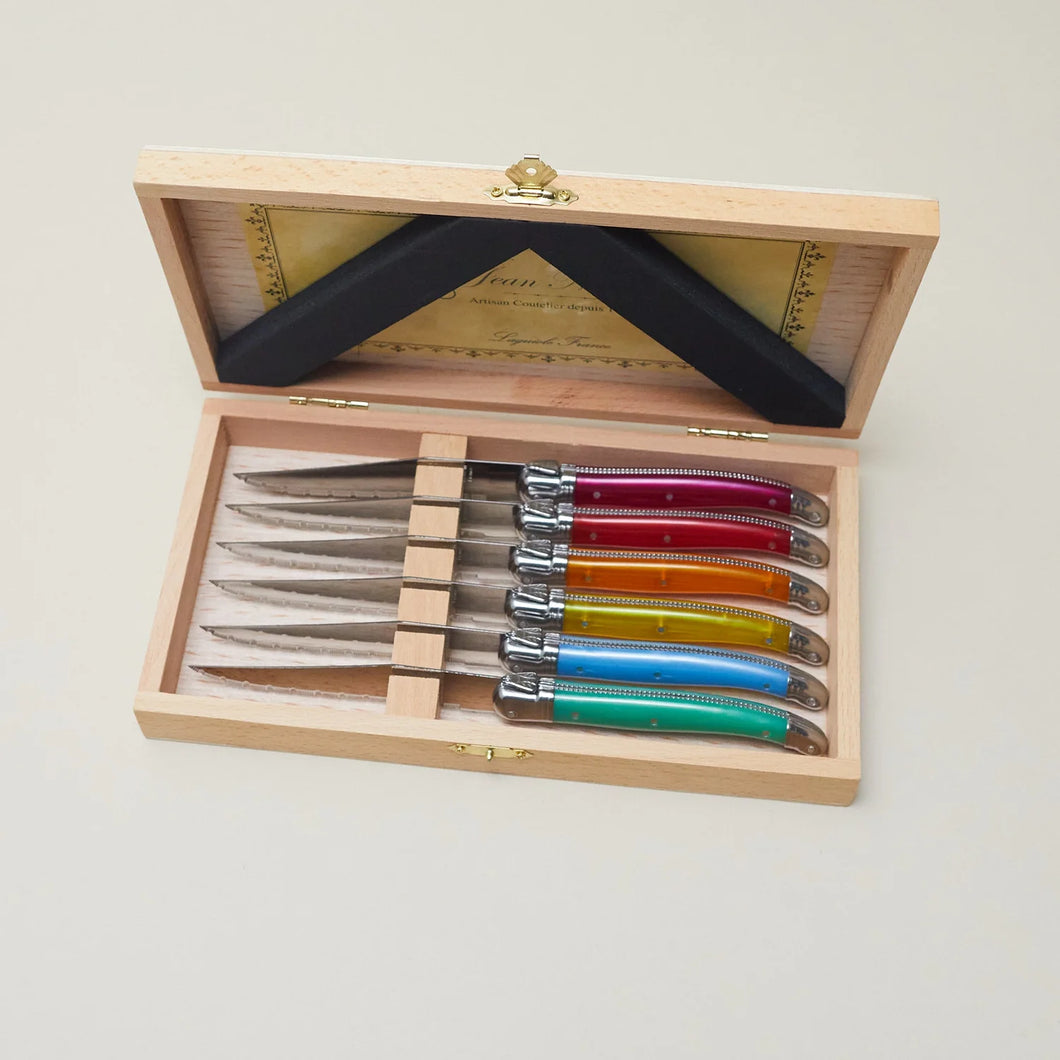 Laguiole 6 Piece Steak Knife Set Rainbow in Wood Presenation Box