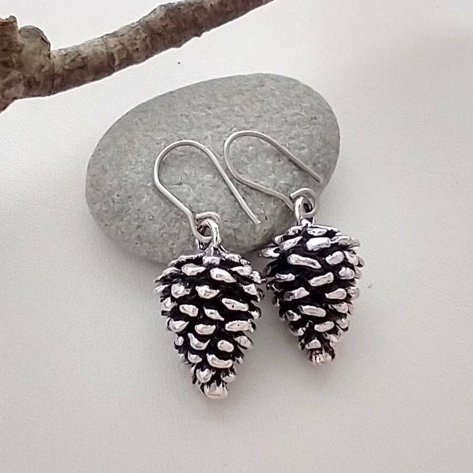 Pine Cone Earrings, Silver, Nature Earrings