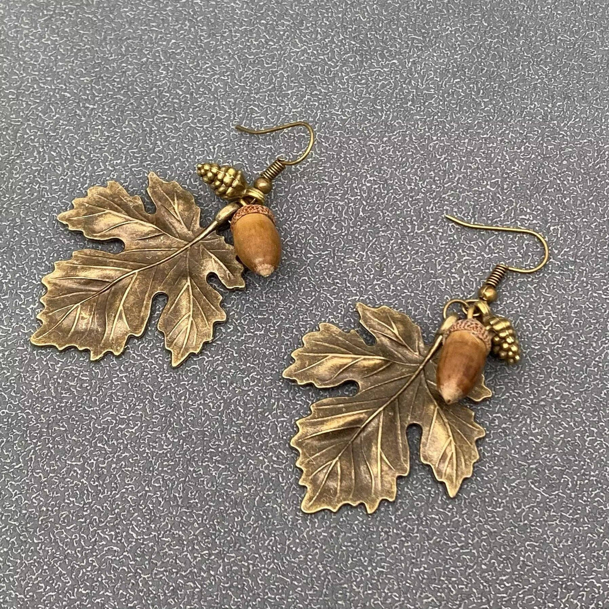 Acorn & Metal Maple Leaves Charm DangleEarrings
