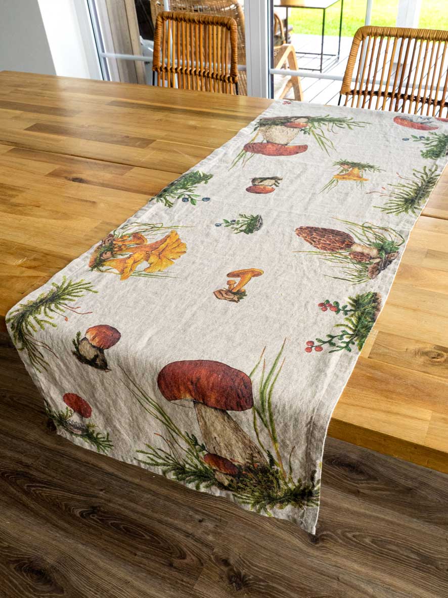18x54 Forest Mushroom Linen Table Runner