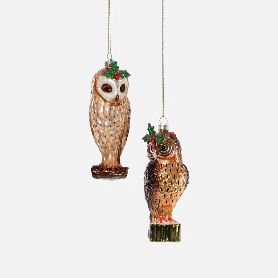 Woodland Owl Glass Ornament - 2 Assorted
