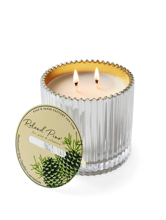 Roland Pine 14oz Silver & Gold- 2 Wick Ribbed Glass Soy Candle