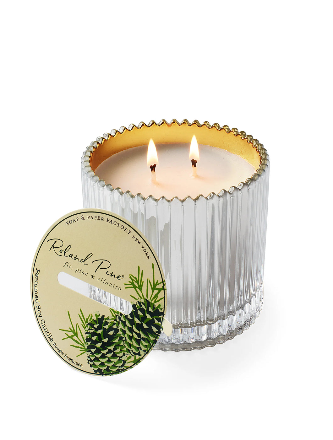 Roland Pine 14oz Silver & Gold- 2 Wick Ribbed Glass Soy Candle