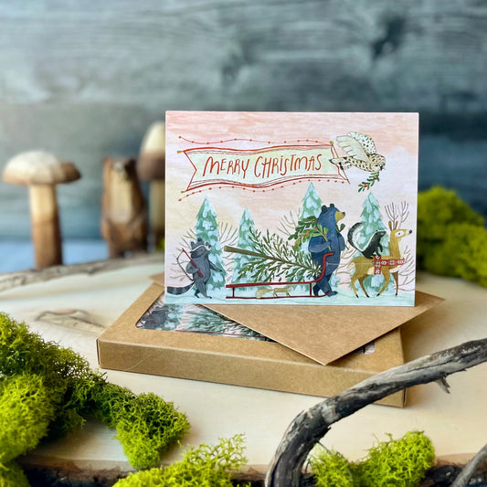 4.25 x 5.5” Tree Cutting Christmas Cards (Boxed Set)