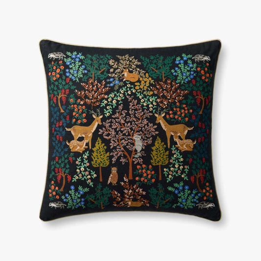 Forest Creatures Black 22x22" Embroidered Pillow