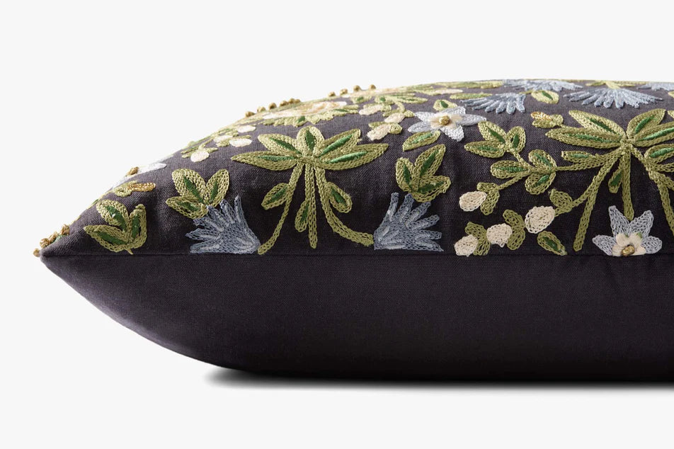 Mughal Rose Black 13x21" Embroidered Pillow