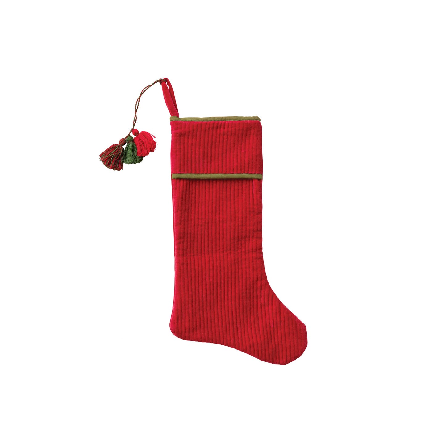20" Quilted Cotton Velvet Stocking w- Tassels, Red/Green