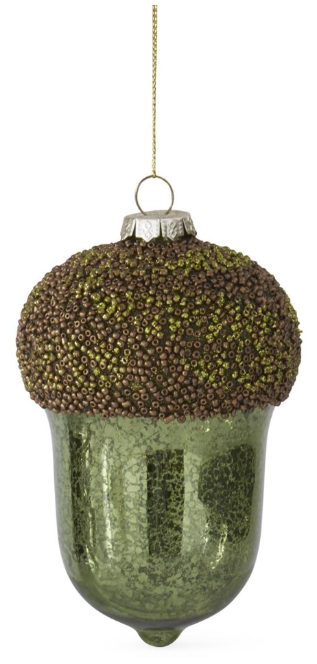 5.5" Green Mercury Glass Acorn Ornament w/Glittered Beaded Top
