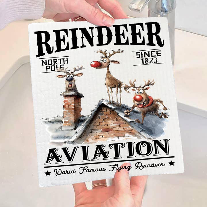 Christmas Reindeer Aviation Swedish Dishcloth