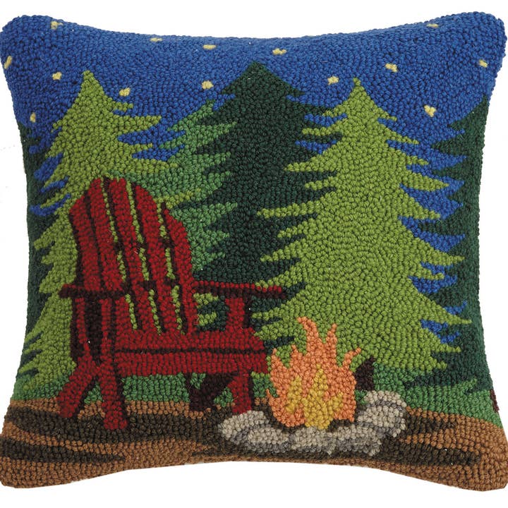 16x16 Campfire Scene Hooked Wool Pillow