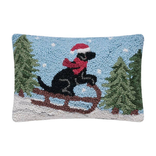 Lab on Sled Hooked Pillow, 8x12