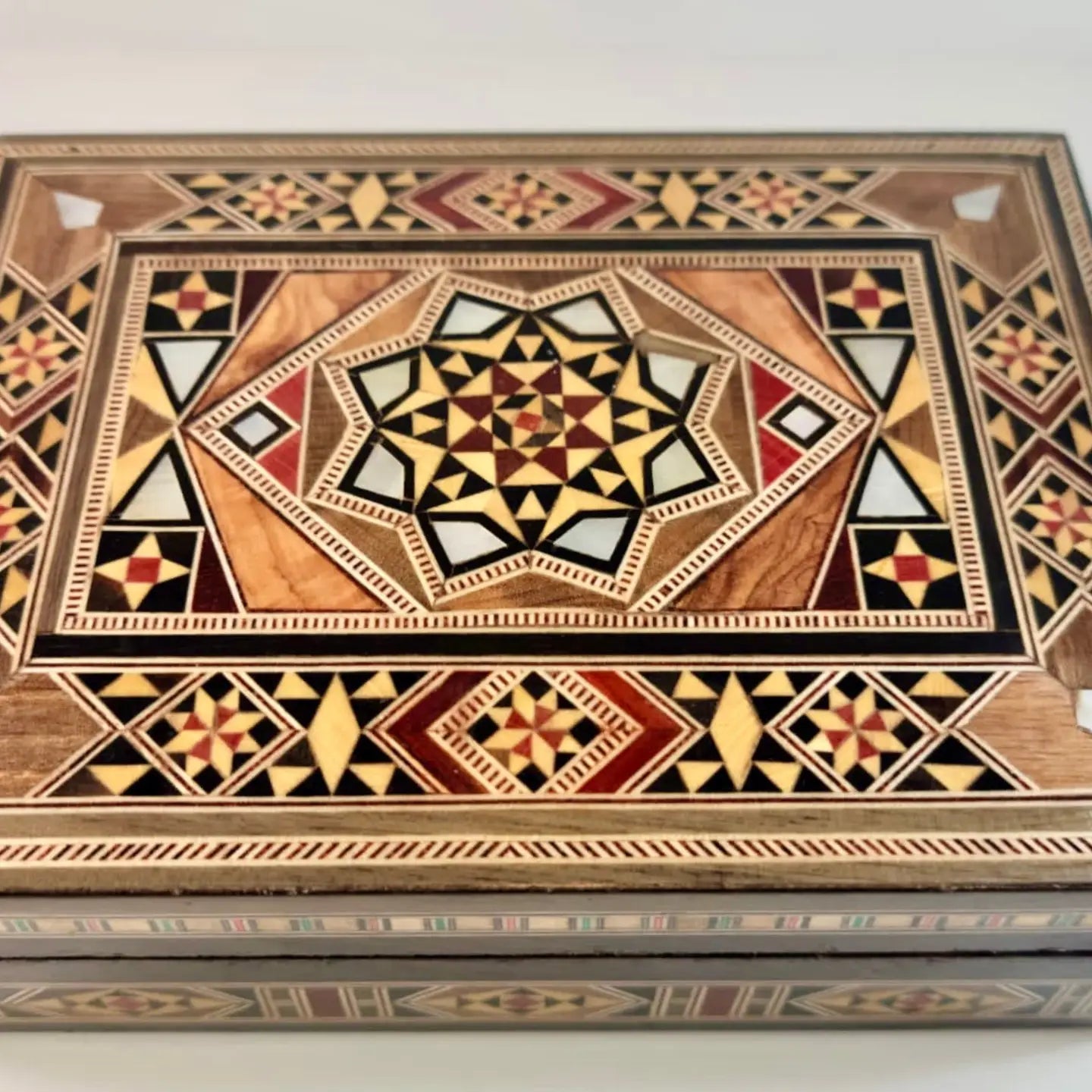 Small Jewelry Box w/ Red Velvet interior- Marquetry Inlaid