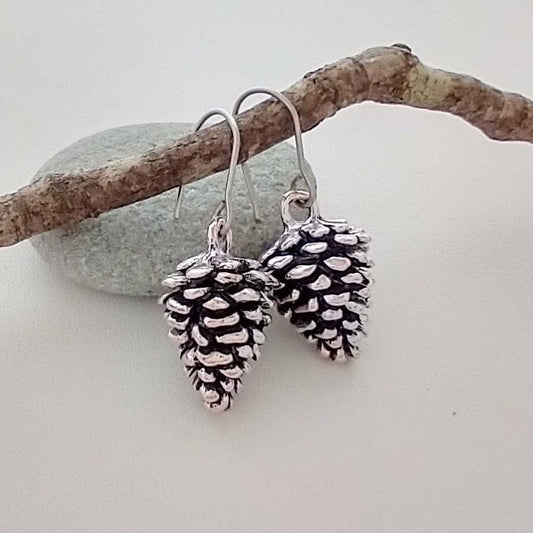 Pine Cone Earrings, Silver, Nature Earrings