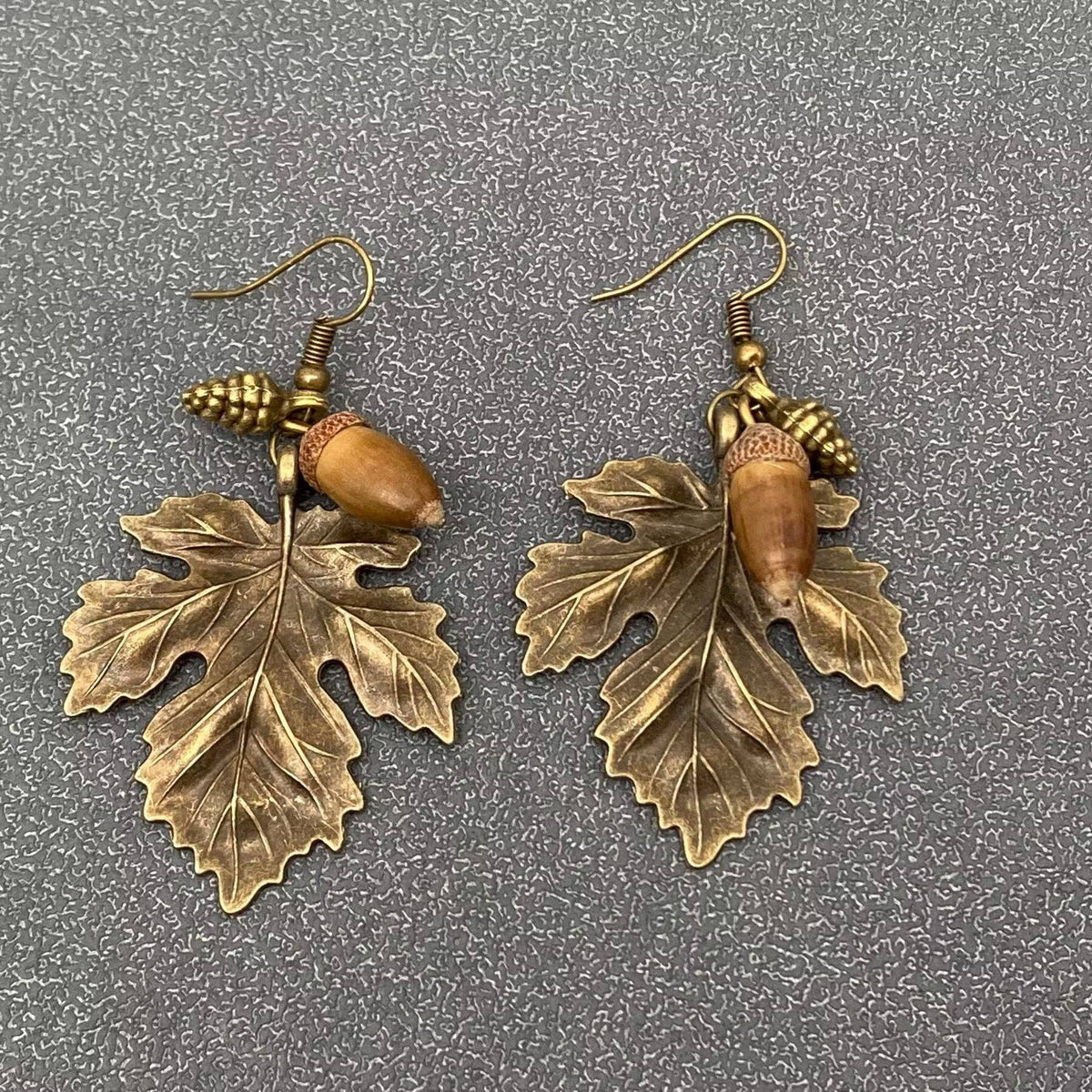 Acorn & Metal Maple Leaves Charm DangleEarrings